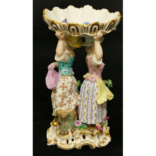 71 - A Meissen small oval sweetmeat dish in the form of 2 ladies holding oval shell aloft (encrusted flow... 