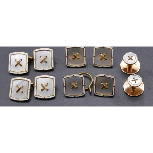 715 - A pair of 9ct gold gentleman's square cufflinks with Mother of Pearl decoration with 6 matching dres... 