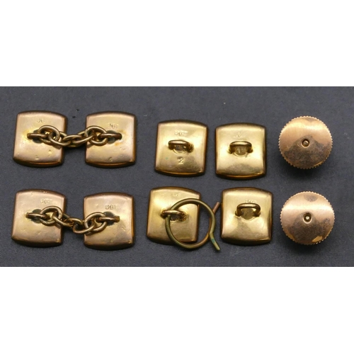 715 - A pair of 9ct gold gentleman's square cufflinks with Mother of Pearl decoration with 6 matching dres... 