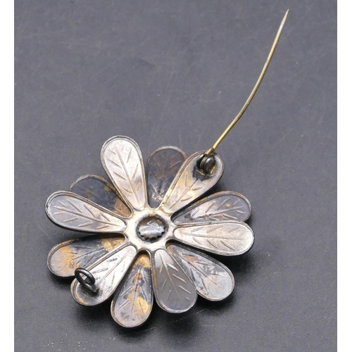 724 - A 925 sterling silver floral bud brooch with pale blue enamel decoration, 4cm diameter