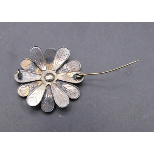 724 - A 925 sterling silver floral bud brooch with pale blue enamel decoration, 4cm diameter