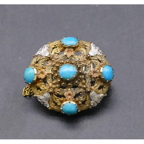 730 - An oval gold brooch mounted with 5 turquoise stones and later steel pin, 5.9 grams gross