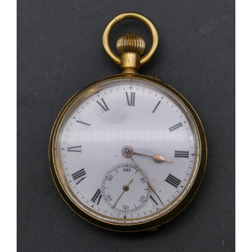 736 - An 18ct gold open faced pocket watch with white enamel dial, seconds dial (slight chip above 11), en... 