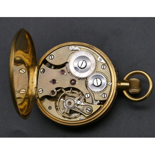 736 - An 18ct gold open faced pocket watch with white enamel dial, seconds dial (slight chip above 11), en... 