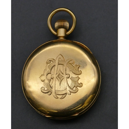 736 - An 18ct gold open faced pocket watch with white enamel dial, seconds dial (slight chip above 11), en... 