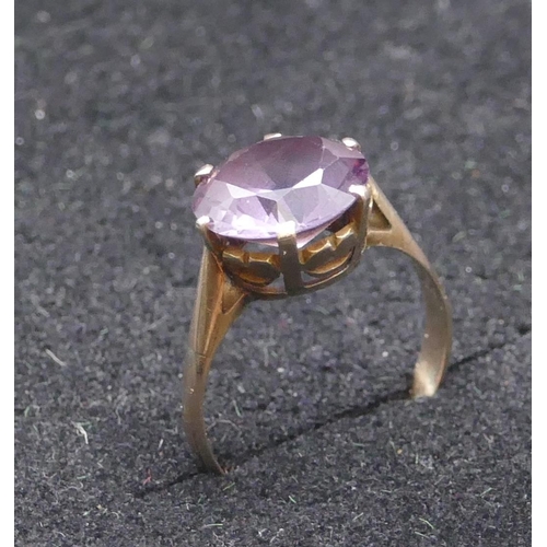 747 - A 9ct gold ladies' ring set with circular amethyst, size P/Q, 3.2 grams gross