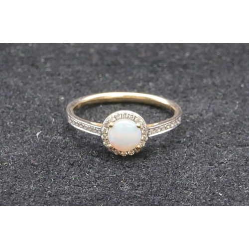 748 - A 9ct gold ladies' circular ring set with centre opal, surrounded by diamond chips with further diam... 