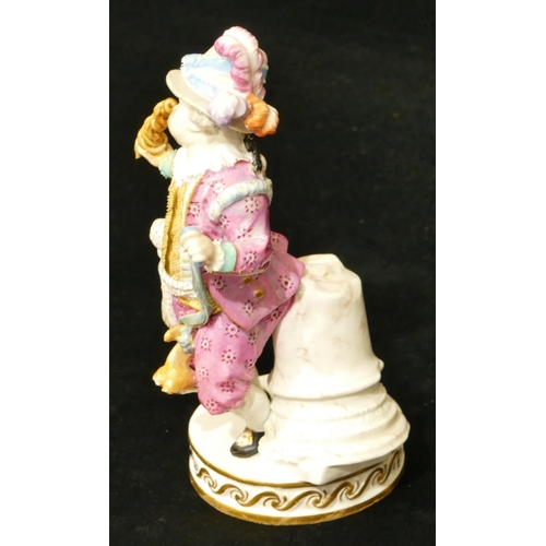 75 - A Meissen figure of a young boy riding a hobby horse whilst holding a twisted stick (legs to hobby h... 