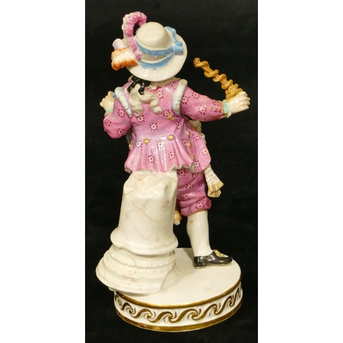 75 - A Meissen figure of a young boy riding a hobby horse whilst holding a twisted stick (legs to hobby h... 