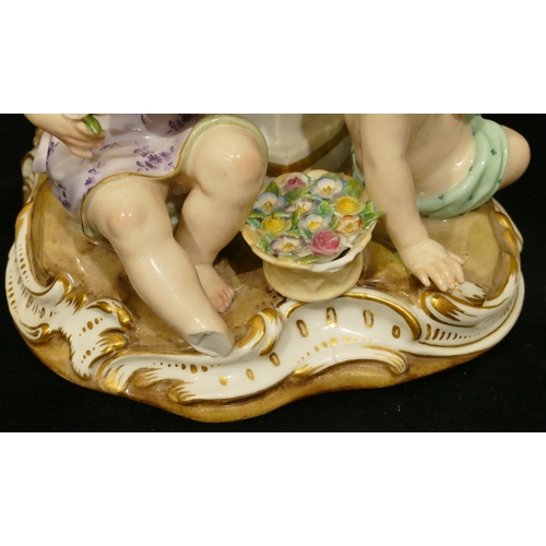 76 - A Meissen group of 4 seated children (1 right foot, 1 part left foot missing, chip to encrusted bask... 