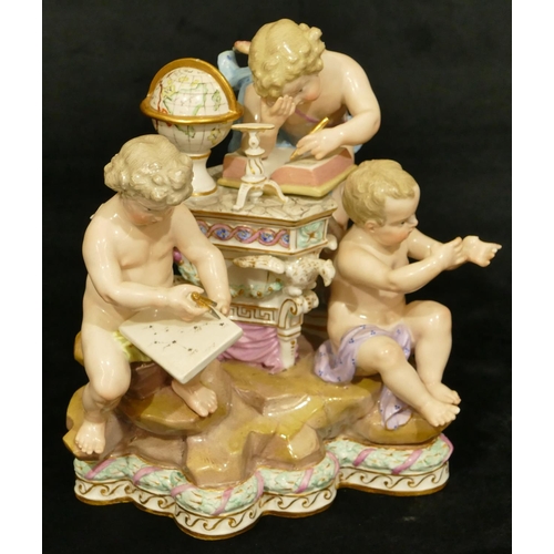 77 - A Meissen group of 3 Cupids (2 wings and telescope missing), 20cm high