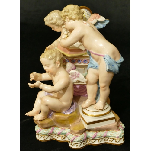 77 - A Meissen group of 3 Cupids (2 wings and telescope missing), 20cm high