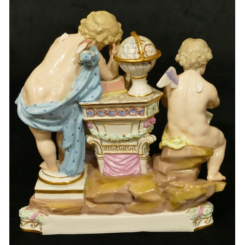 77 - A Meissen group of 3 Cupids (2 wings and telescope missing), 20cm high