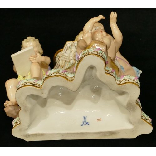 77 - A Meissen group of 3 Cupids (2 wings and telescope missing), 20cm high