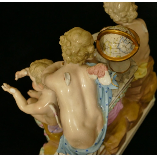 77 - A Meissen group of 3 Cupids (2 wings and telescope missing), 20cm high