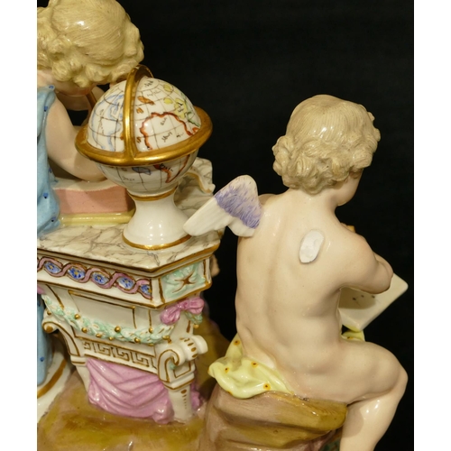 77 - A Meissen group of 3 Cupids (2 wings and telescope missing), 20cm high