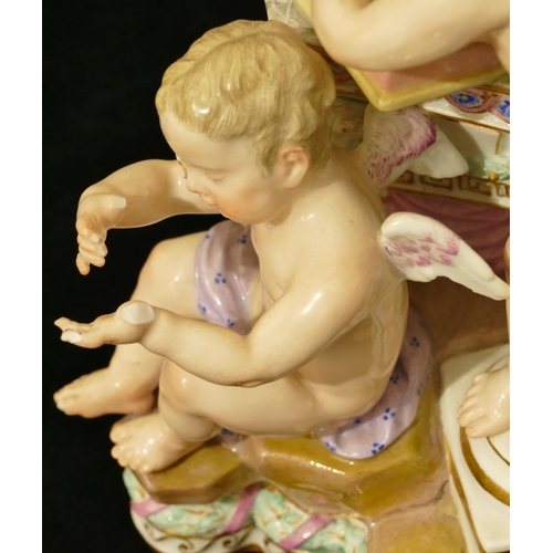 77 - A Meissen group of 3 Cupids (2 wings and telescope missing), 20cm high