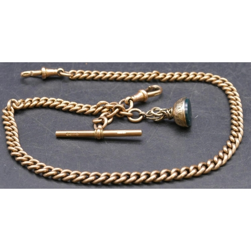 776 - A 9ct gold linked watched chain with T-bar, mounted with pendant seal, 40cm long, 52.9 grams without...