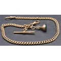 A 9ct gold linked watched chain with T-bar, mounted with pendant seal, 40cm long, 52.9 grams without... 