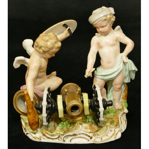 78 - A Meissen group of 2 Cupids standing either side of a canon, (touch light stick missing end and plum... 