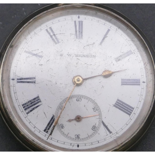 785 - JW Benson, London silver open faced pocket watch with white enamel dial and seconds dial (working), ... 