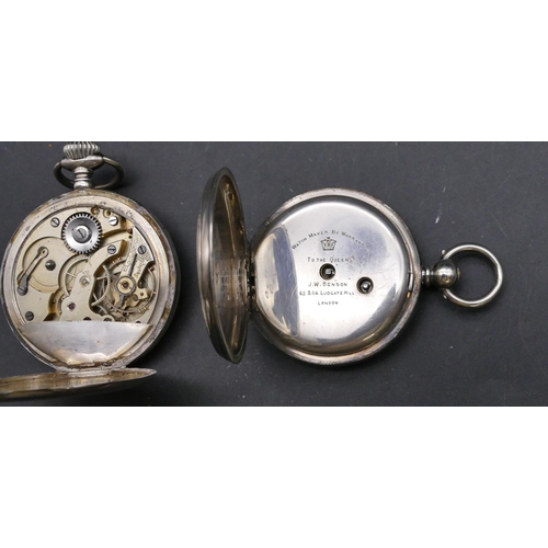 785 - JW Benson, London silver open faced pocket watch with white enamel dial and seconds dial (working), ... 