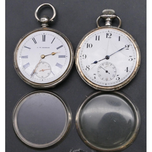 785 - JW Benson, London silver open faced pocket watch with white enamel dial and seconds dial (working), ... 