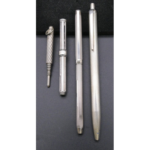 786 - A Birmingham silver ball point pen with engine turned decoration, 2 small propelling pencils and a 9... 