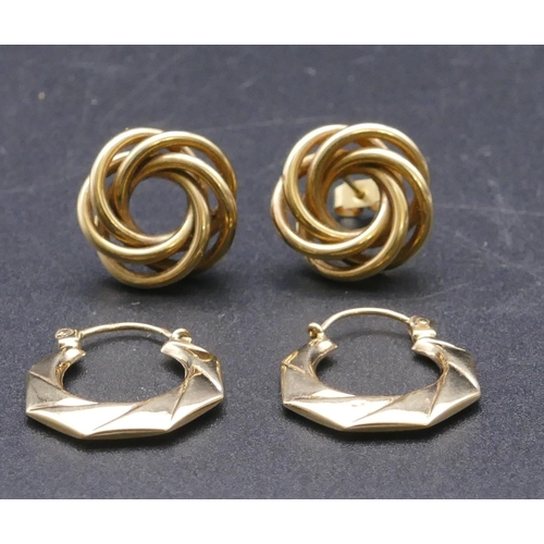 798 - A pair of 9ct gold twist circular earrings and a pair of 9ct gold hoop earrings, 3.8 grams