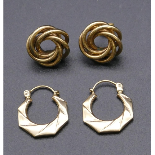 798 - A pair of 9ct gold twist circular earrings and a pair of 9ct gold hoop earrings, 3.8 grams