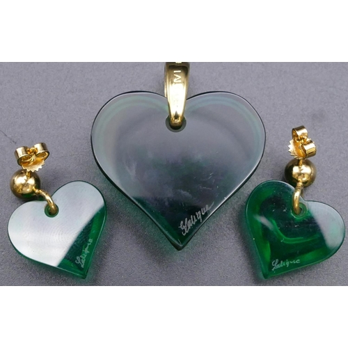 806 - A Lalique green glass heart shaped pendant (boxed) and a pair of similar green glass Lalique shaped ... 