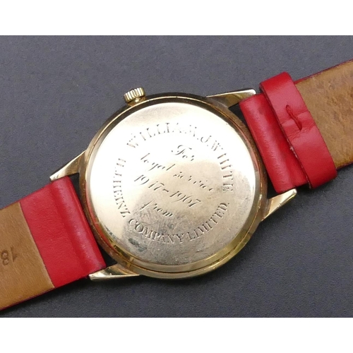 809 - An Omega gold circular gentleman's wristwatch with seconds hand and red leather strap bracelet (engr... 