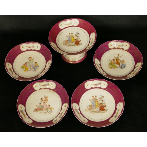 9 - A set of 4 Continental china comports and 1 larger matching comport on white and red ground with mul... 