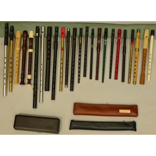 990 - 24 various wood, brass, aluminium and plastic small recorders, whistles and flutes  including Tony D... 