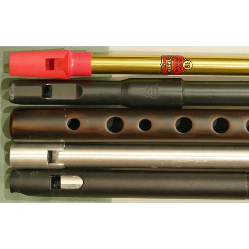 990 - 24 various wood, brass, aluminium and plastic small recorders, whistles and flutes  including Tony D... 