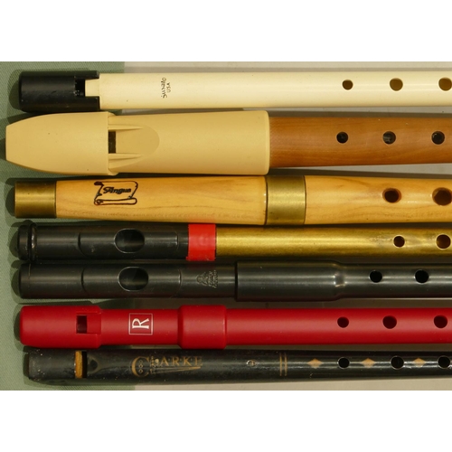 990 - 24 various wood, brass, aluminium and plastic small recorders, whistles and flutes  including Tony D... 