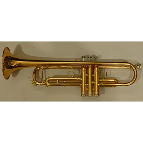 998 - A brass Yamaha trumpet stamped YTR4335G, serial number 603230, Yamaha 3 mouth pieces numbered 11E4, ... 