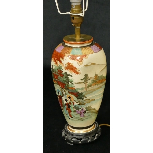 160 - An early 20th Century Satsuma square bulbous thin necked vase converted to a table lamp with multi-c... 