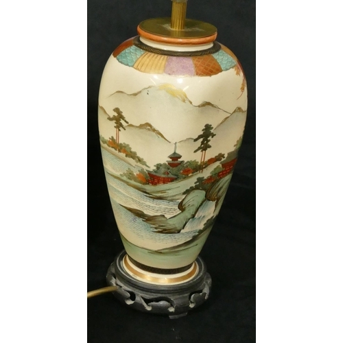 160 - An early 20th Century Satsuma square bulbous thin necked vase converted to a table lamp with multi-c... 