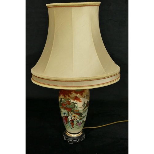 160 - An early 20th Century Satsuma square bulbous thin necked vase converted to a table lamp with multi-c... 