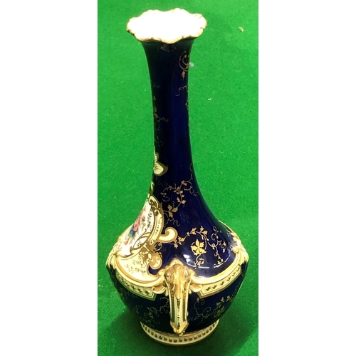 191 - A Coalport round bulbous thin necked trumpet shaped 2 handled vase on blue and cream ground with han... 