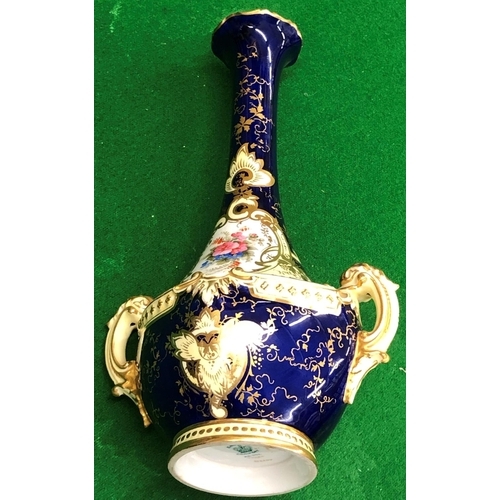 191 - A Coalport round bulbous thin necked trumpet shaped 2 handled vase on blue and cream ground with han... 