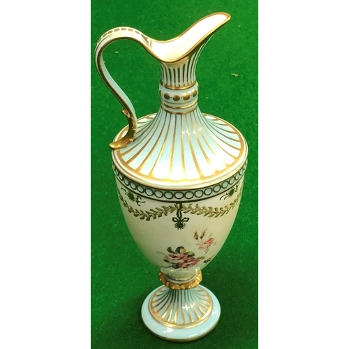 192 - A Royal Crown Derby small round bulbous thin necked ewer on turquoise and cream ground with hand pai... 