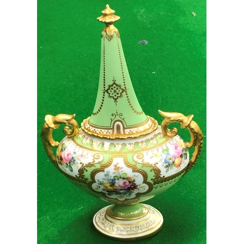 193 - S Hardy, Royal Crown Derby oval bulbous 2 handled lidded pot on pale green and white ground with all... 