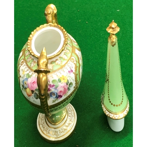 193 - S Hardy, Royal Crown Derby oval bulbous 2 handled lidded pot on pale green and white ground with all... 