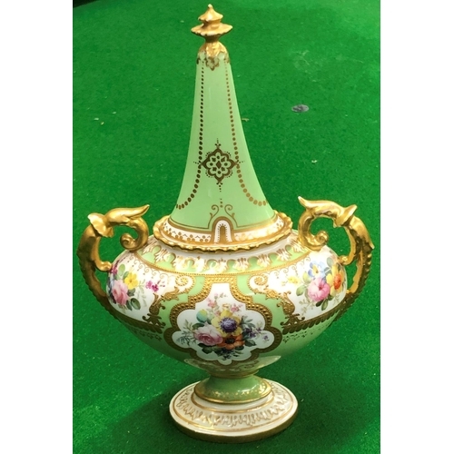 193 - S Hardy, Royal Crown Derby oval bulbous 2 handled lidded pot on pale green and white ground with all... 