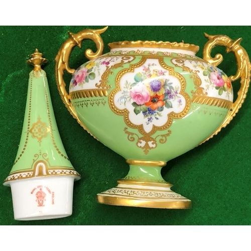 193 - S Hardy, Royal Crown Derby oval bulbous 2 handled lidded pot on pale green and white ground with all... 