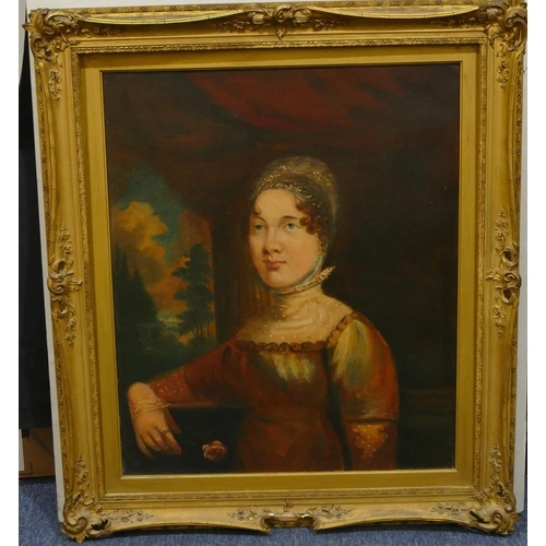 230 - A 19th Century naïve oil on canvas, shoulder length portrait of a young lady 