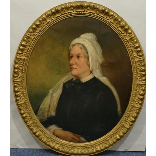 231 - Clare Burton oval 19th Century oil on canvas, half length portrait of a lady, in gilt frame with rai... 