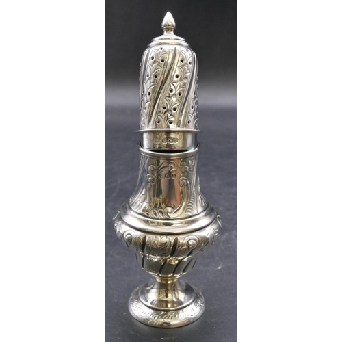 479 - A Victorian silver round bulbous shaped sugar caster with allover embossed floral, leaf and scroll d... 